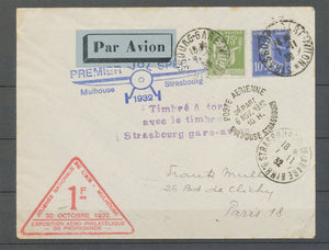 1932 Env. 1er vol Mulhouse-Strasbourg, 2 cachets spéciaux, Superbe X4855