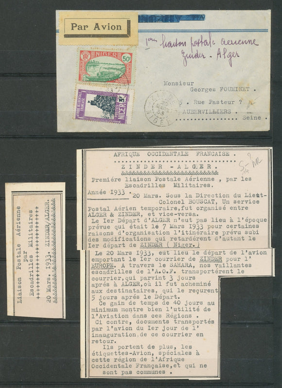1933 Env. ZINDER-ALGER, vol BOUSCAT, TP Niger obl ZINDER 20.3.33, SUP X4857