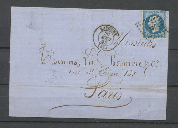 1859 Lettre Bayonne, losange PC REGRAVES 295 sur n°14, C 15, rare, SUP X4878