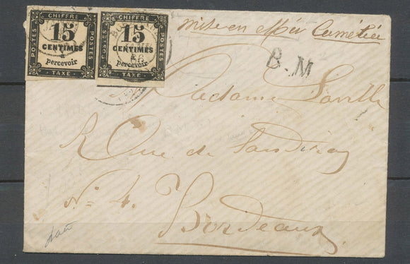 1866 Env. B.M.Bordeaux + 15c taxe x2 obl C 15 Bordeaux + 