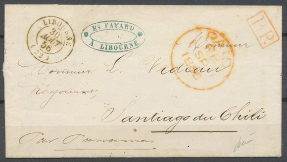 1856 Env. affranchie en numéraire, Libourne C 15 + PP rouge, pour Santiago X4905