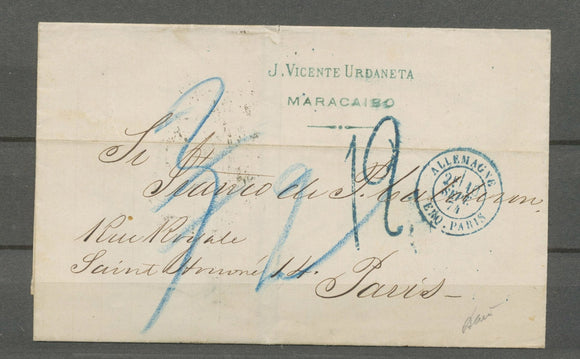 1874 Lettre MARACAIBO pr Paris, au dos Aus West-Indien/Uber Cöln, RR, SUP X4906