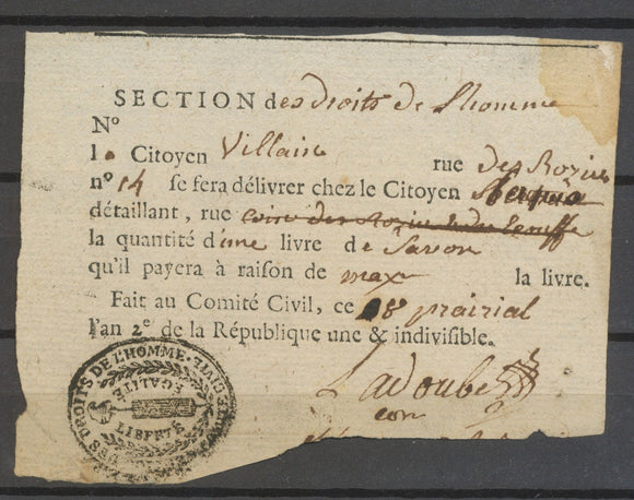 An 2 Lettre SECTION DES DROITS DE L'HOMME, cachet sur Bon pour du savon X4916