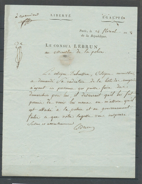 An 8 Lettre signée LEBRUN, 3eme Consul + 