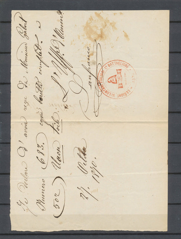 1870 Lettre rare cachet rouge LEGIONE VOLONTARI ITALIANI 1° BATTAGLIONE X4926
