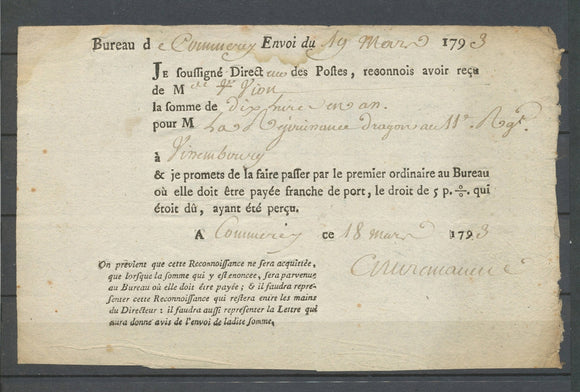 1793 POSTES, reçu de 10 livres pour Wissembourg, de Commercy, rare X4932