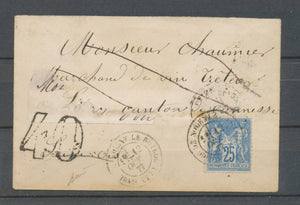 1877 Env. Sage 25c bleu obl Nogent-le-Rotrou, taxe 40 dt pour réexpédition X4933