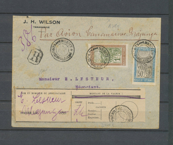 1927 Env. TANANARIVE-MAJUNGA par Dagnaux, LR avec bulletin chargement X4935