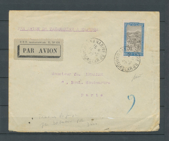 1927 Env. TANANARIVE-MAJUNGA par Dagnaux, 50c obl 14.6.27, Paris 9.7.27 X4936