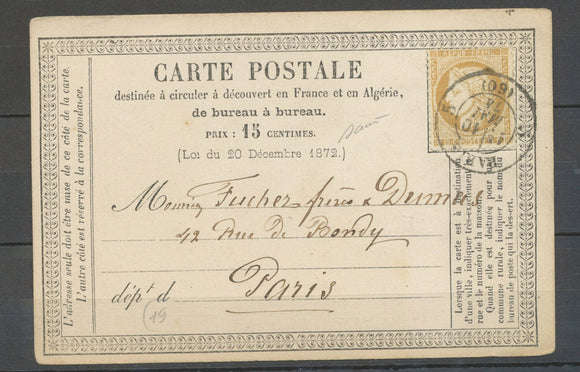 1874 CP N°59 15c Cérès Obl PARIS/5 type 1375 très rare sur timbre Sup X5078