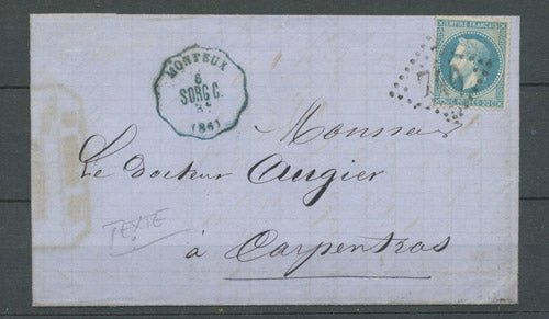 1870 Lettre Monteux (SORG.C.) conv.-station BLEU + GC 740 s/29 très rare X5089