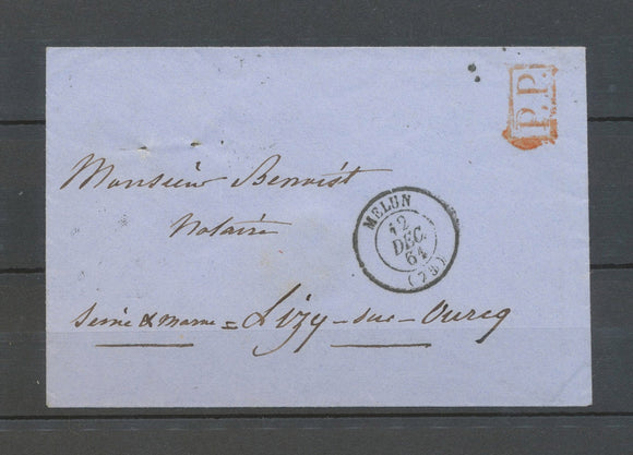 1861 Env.  Melun C 15 + PP rouge à la place du timbre Superbe X5126