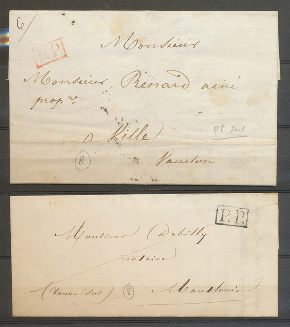 2 lettres PP seul, noir 1845, rouge 1844, Superbe X5129