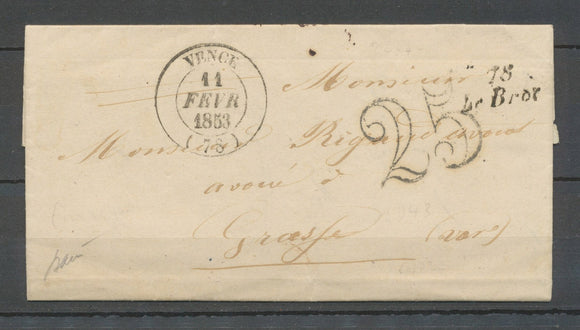 1853 Lettre 78/Le Broc + C 14/Vence, bureau rare, Superbe X5133