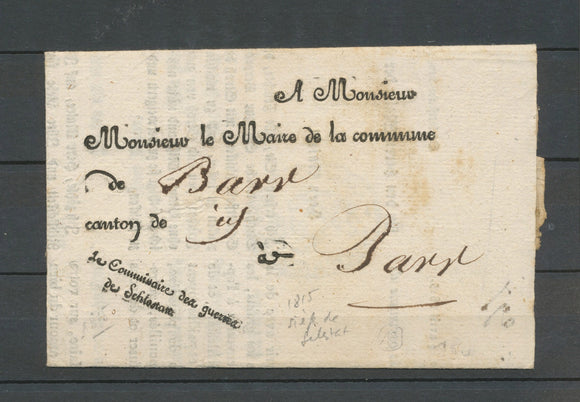 1815 Lettre SIEGE DE SCHLESTATT franchise du commissaire des guerres, rare X5142