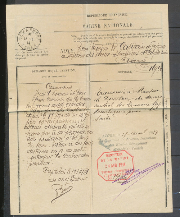 1914 Note de la Marine SEMAPHORE/TENES (ALGERIE) càd Superbe X5145