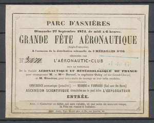 1874 Rare billet d'entrée à la fête aéronautique au Parc d'Asnières, SUP X5150