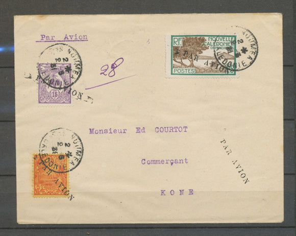 1931 Env. NOUMEA-KONE, petite griffe AVION obl 3 timbres, Superbe X5179