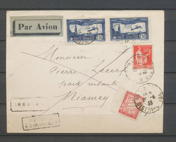 1933 Env. PARIS-NIAMEY, PA paire n°6 + 50c, Taxe 30c, arrivée NIAMEY, SUP X5182