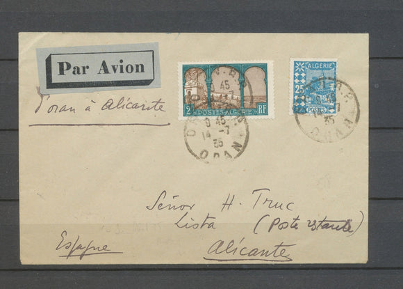 14.7.1935 Env ORAN-ALICANTE obl Oran càd ALICANTE, Saulgrain 216a, rare TB X5186