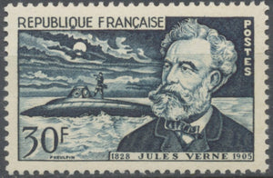 Cinquantenaire de la mort de Jules Verne (1828-1905). Jules Verne et le Nautilus  30f. Bleu-noir. Neuf luxe ** Y1026
