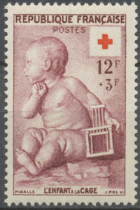 Au profit de la Croix-Rouge. L'enfant à la cage, par J.-B Pigalle (1714-1785) 12f. + 3f. Lie-de-vin. Neuf luxe ** Y1048