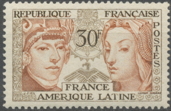 Amitié France-Amérique latine. Sculpture péruvienne du XVI° siècle. 30f. Brun et brun-rouge. Neuf luxe ** Y1060