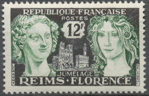 Jumelage Reims-Florence. Détail de l'Ange au Sourire, cathédrale de Reims. 12f. Noir et vert. Neuf luxe ** Y1061