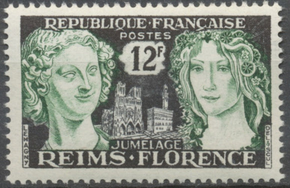 Jumelage Reims-Florence. Détail de l'Ange au Sourire, cathédrale de Reims. 12f. Noir et vert. Neuf luxe ** Y1061