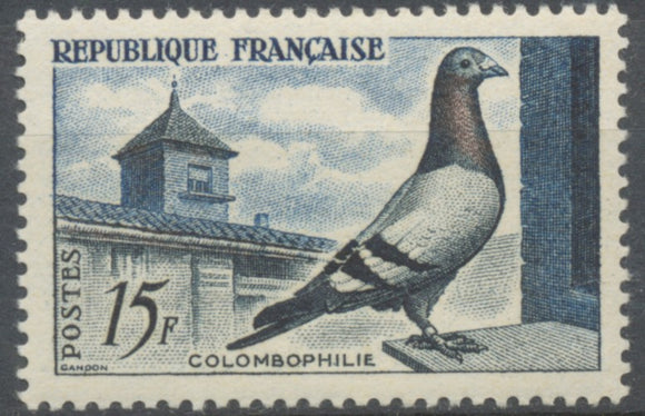 En l'honneur de la colombophilie. Pigeon Bleu-Sion-Lamotte 15f. Bleu-noir, bleu et rose. Neuf luxe ** Y1091