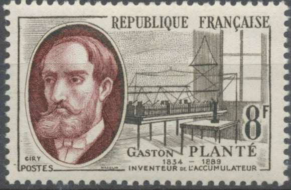 Savants et inventeurs. Gaston Planté, inventeur accumulateur électrique 8f. Gris-olive brun-lilas. Neuf luxe ** Y1095