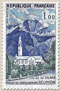 Série touristique. Massif du Grand Bénard et église de Cilaos, à La Réunion  1f. Violet, vert et bleu Y1241