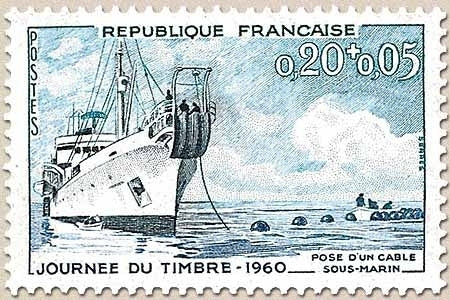 Journée du Timbre. Navire câblier Ampère  20c. +5 c. Bleu, bleu-vert et bleu-noir Y1245