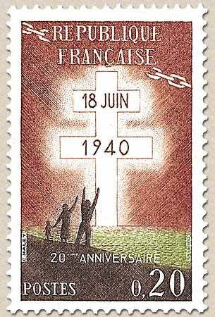 20e anniversaire de l'Appel du général de Gaulle (18 juin 1940) 20c. Brun-rouge, vert et sépia Y1264