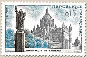 Basilique de Lisieux. Statue de Sainte Thérèse et la basilique. 15c. Bleu, gris et sépia Y1268