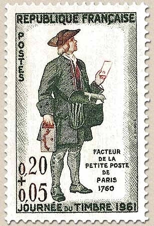 Journée du Timbre. Facteur de la Petite Poste de Paris, 1760  20c. + 5c. Vert foncé, rouge et bistre Y1285