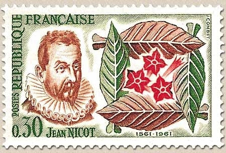 4e centenaire de l'introduction du tabac. J. Nicot, feuilles et fleurs de tabac  30c. Vert, brun-orange et rouge Y1286