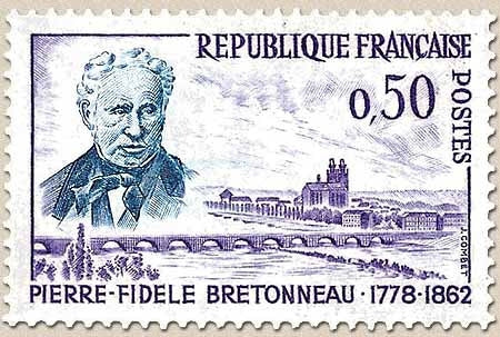 Centenaire de la mort du docteur Pierre-Fidèle Bretonneau. Vue de Tours  50c. Violet et bleu Y1328