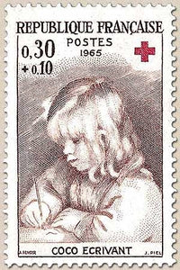 Au profit de la Croix-rouge. Oeuvres de Renoir (1841-1919).  Coco écrivant 30c. + 10c. Brun-lilas Y1467