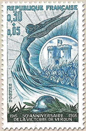 Cinquantenaire de la Victoire de Verdun. Porte de la Chaussée, à Verdun 30c. + 5c. Outremer, bleu-vert et vert Y1484