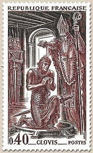 Grands noms de l'Histoire. Clovis (455-511) 40c. Vert, bleu et violet-brun Y1496