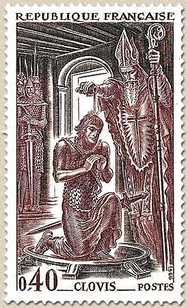 Grands noms de l'Histoire. Clovis (455-511) 40c. Vert, bleu et violet-brun Y1496