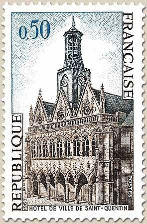 Monuments et sites. Hôtel de Ville de St-Quentin 50c. Bistre, bleu-noir et bleu clair Y1499