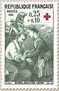 Au profit de la Croix-Rouge. Ambulancière (1859) 25c. + 10c. Vert-gris et rouge Y1508