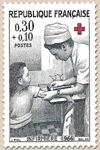 Au profit de la Croix-Rouge. Infirmière (1966) 30c. + 10c. Gris-bleu et rouge Y1509