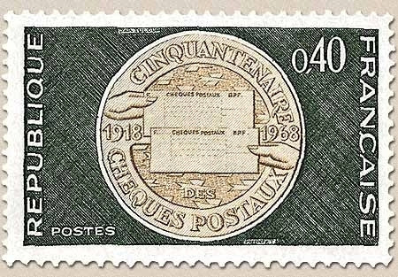 Cinquantenaire des Comptes courants postaux (chèques postaux) 40c. Vert foncé et brun pâle Y1542