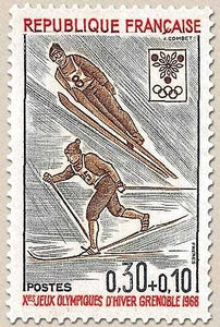 Jeux Olympiques d'hiver, à Grenoble. Ski (saut et fond) 30c. + 10c. Gris, brun et rouge Y1543