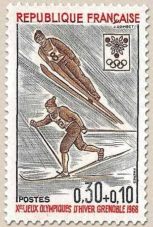 Jeux Olympiques d'hiver, à Grenoble. Ski (saut et fond) 30c. + 10c. Gris, brun et rouge Y1543