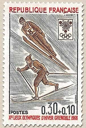 Jeux Olympiques d'hiver, à Grenoble. Ski (saut et fond) 30c. + 10c. Gris, brun et rouge Y1543