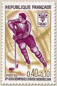 Jeux Olympiques d'hiver, à Grenoble. Hockey sur glace 40c. + 10c. Jaune-olive, lilas et violet Y1544
